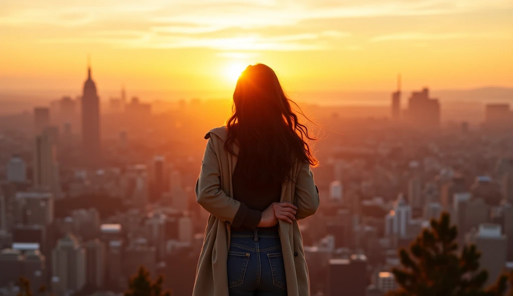 (masterpiece, best quality:1.2), (8K HD, ultra-realistic, hyper-detailed:1.3), a woman standing confidently on a rooftop of a skyscraper in the city, fully bathed in the golden light of the setting sun just before it dips below the horizon. The wind gently tousles her hair and clothes as she looks down over the city with a determined expression. The background features rays of light spreading out behind her, making her silhouette shine brilliantly. The scene captures the soft, warm glow of the golden hour, with the woman embodying strength and resolve.