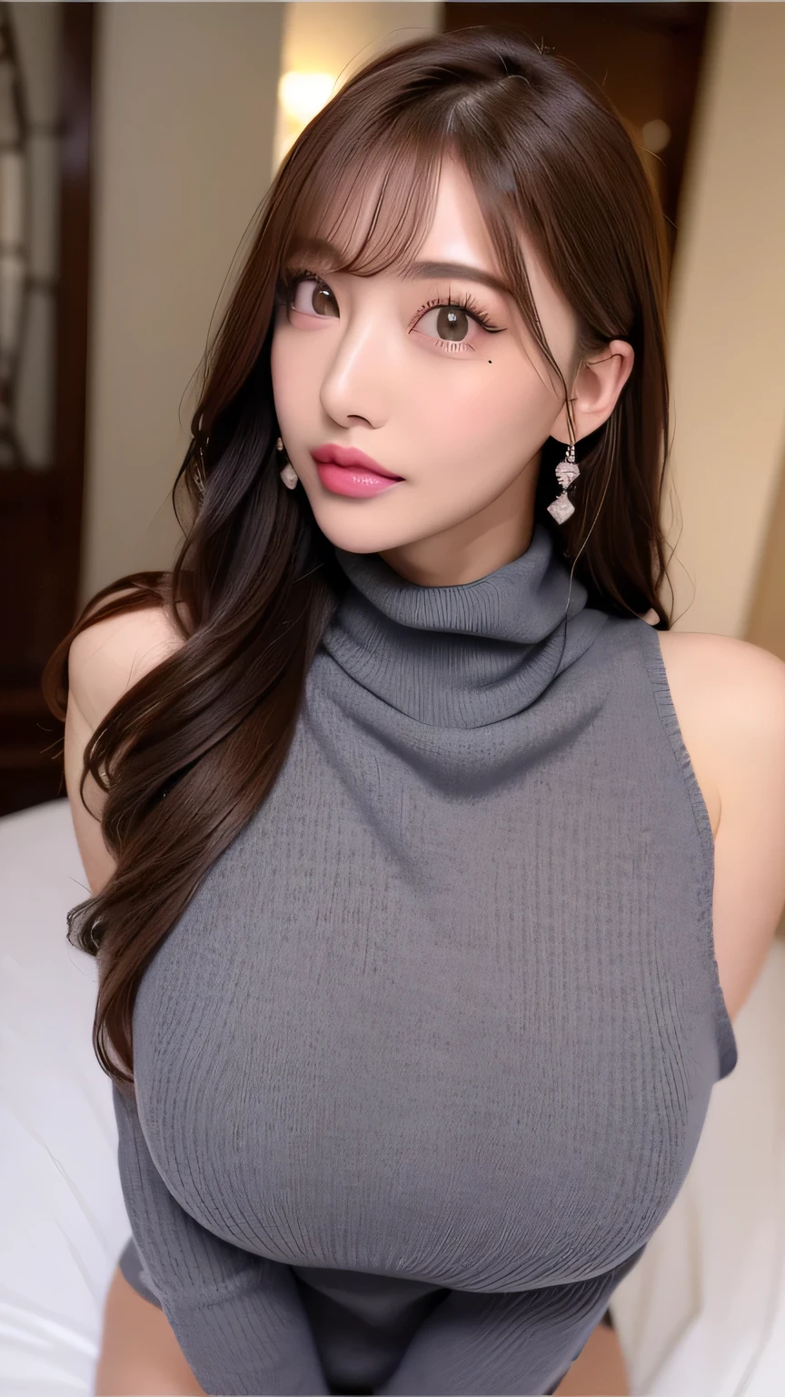 ( Cowboy Shooting 、 Top Quality 、8k、 Award-winning work 、 Ultra High Precision )、 beautiful woman wearing a hood、( I'm wearing a virgin killer sweater showing off my perfect body , Sexy Breasts:1.1)、 Beautiful shiny lips , Shine Glitter Lip Gloss、 Brown lips 、Focusing on Erotic Lips、Focus on sexy lips、 Feminine Attractive Body Standing on the Floor , ( virgin killer sweaters :1.3),(( Gray Turtleneck Sleeveless Dress 、 G cup bust 、 chest tank top visible from the side ,Perfect big 、( Blonde with big face:1.1)、 Brilliant Colored Contact Lenses 、 Perfect Gal Makeup、 Shine 、 Sexy Lips in Duck Mouth 、Shine Glitter Lip Gloss、metallic lips、( Heavy Makeup for Women's Five Fingers :1.2)、( I'm wearing a virgin killer sweater that shows off my perfect body {x} Dark brown beige ice cream reference for :1.1)、 beautiful bright eyeshadow 、 dark makeup 、( big breasts:1.2)、 Very Long Wavy Hair 、(Romantic affection:1.1)、 、( Many women emphasize their body line ....:1.1)、( strongly blurry 、 Vividly Representing a Luxury Hotel Night Pond :1.1)、( strongly blurry background:1.1)、 English 、 ultra hd hair、( Ultra High Precision perfect beautiful teeth:1.1)、 Ultra High Precisionの美しい顔 、 ultra hd hair、 crystal clear bang 、ウルトラHD Shine目、Shining Ultra High Precision beautiful skin 、 Ultra High Precision glossy lips 、 Includes Harry Winston necklace
