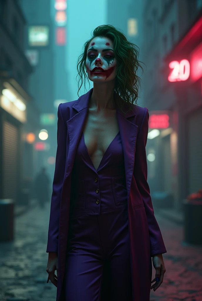 Imagine a scene where this female Joker, standing at the edge of a dark, rain-soaked Gotham City rooftop, surveys the chaotic streets below. The night is alive with the sounds of sirens, distant gunshots, and the low rumble of thunder. The city, usually her playground of chaos, now feels like it's holding its breath, waiting for her next move. She's just finished a twisted game of cat-and-mouse with Gotham's elite, leaving a trail of destruction and confusion in her wake. Her purple suit jacket flutters slightly in the wind, revealing glimpses of the toned body beneath, accentuated by the barely-there bikini bottom. Despite the madness in her eyes, there’s a calculated sharpness to her every move. She tilts her head back, letting the rain wash over her, smudging the heavy makeup even more, making her look like a beautiful specter, a vision of twisted perfection. The smeared red smile on her lips, the dark eyes that seem to bore into the soul of anyone who dares meet her gaze—she is the embodiment of chaos wrapped in an irresistible package. Her next target? An unsuspecting billionaire attending a high-society gala across town, who has no idea that his fortune will soon fuel her next grand scheme. She knows her appearance alone will grant her entry; after all, no one ever suspects the beautiful ones. She pulls out a small, jagged knife from her jacket pocket, twirling it in her fingers with ease. The blade catches a flash of lightning, reflecting the gleam in her eyes. With a final glance at the city she owns through fear, she whispers to herself, "Let's put a smile on that face." In an instant, she disappears into the shadows, her laughter echoing through the night—a sound that’s as beautiful as it is terrifying, promising Gotham a night it won’t soon forget.
