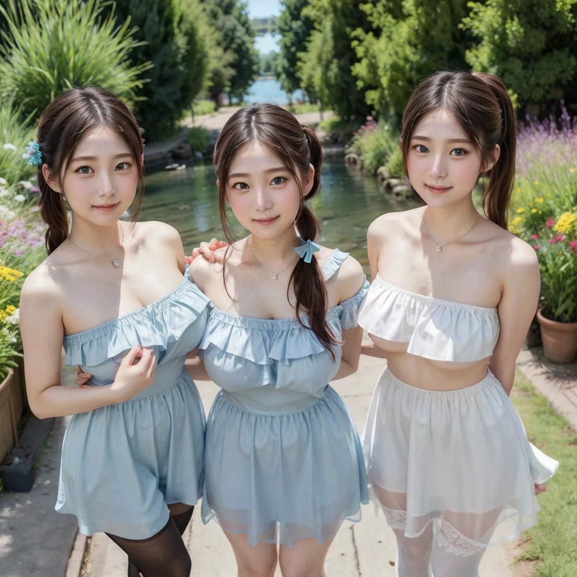 Two Girlss, Two Girls, pretty girl、, smile, Summer Mini Dresses, Thighs, underwear、8k, masterpiece, High detail, high quality, High resolution, 最high quality, 16k,