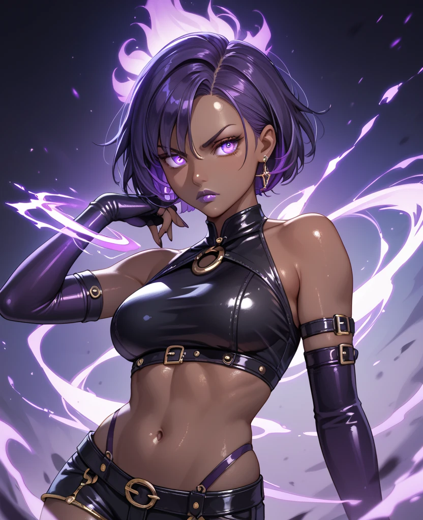 ((pixel art))((1 girl)) whole body, standing, gray skin, drow, elf, maduro, Detailed happy face, purple eyes, by white, black bikini, ABS, Large knockers, gold chain necklace, stomach tattoo (red tattoo)