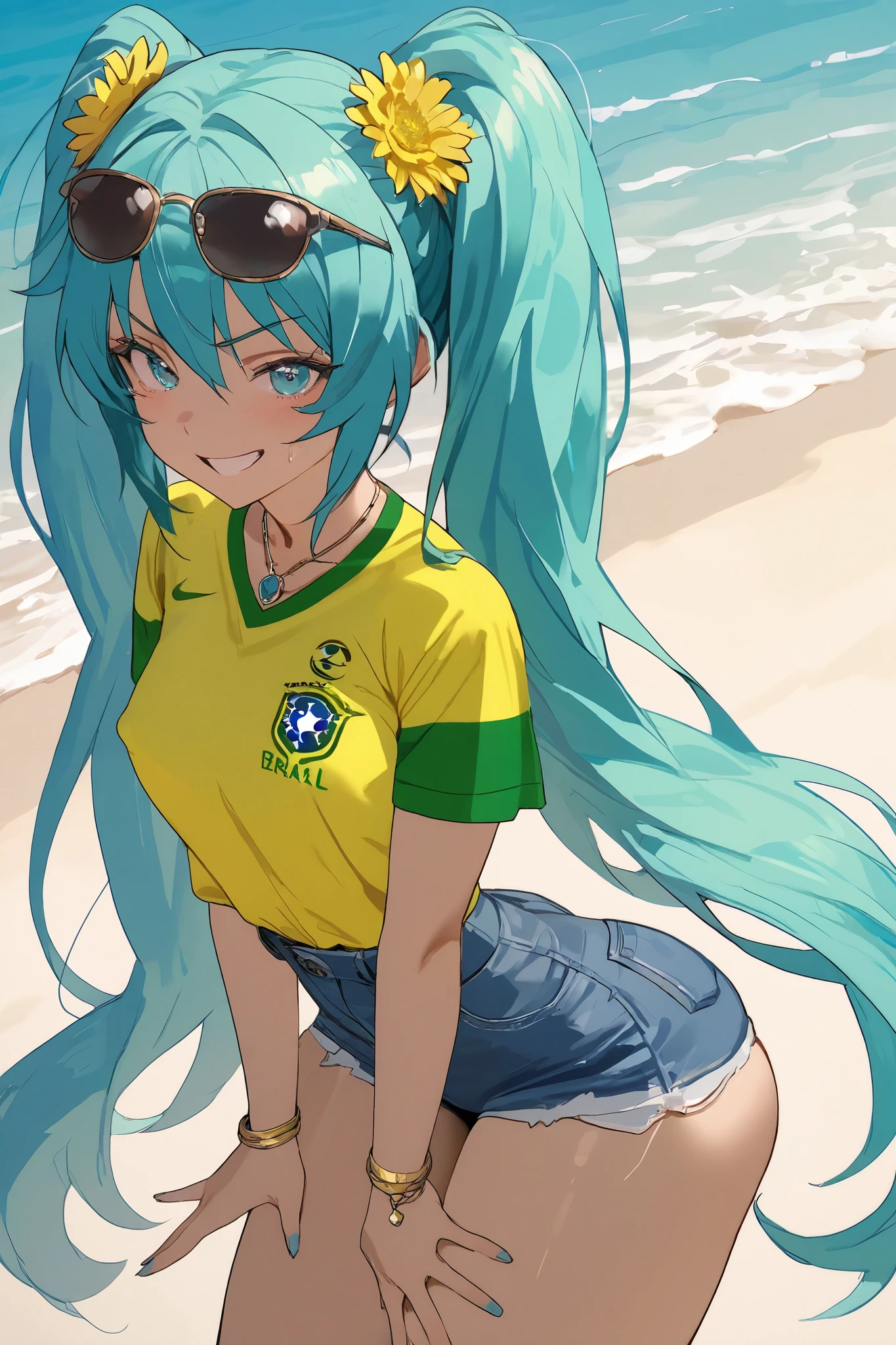 hatsune miku brazilian, ((girl making lewd penetration gestures)), ((girl full of naughty expression)), (young girl), BREAK girl, coquette girl, golden bracelets, necklaces, flower hair ornaments, dark glasses on the head, blue hair, twintails, long hair, round large blue eyes, erect nipples medium breasts, thin waist, wide hips, (large ass:1.1), thin thighs, body with perfect curves, brown skinned girl, yellow top shirt, ((brazil futbol shirt)), denim shorts,
beach, masterpiece, best quality, amazing quality, very aesthetic, absurdres, newest, super detailed, extremely detailed, nsfw, explicit