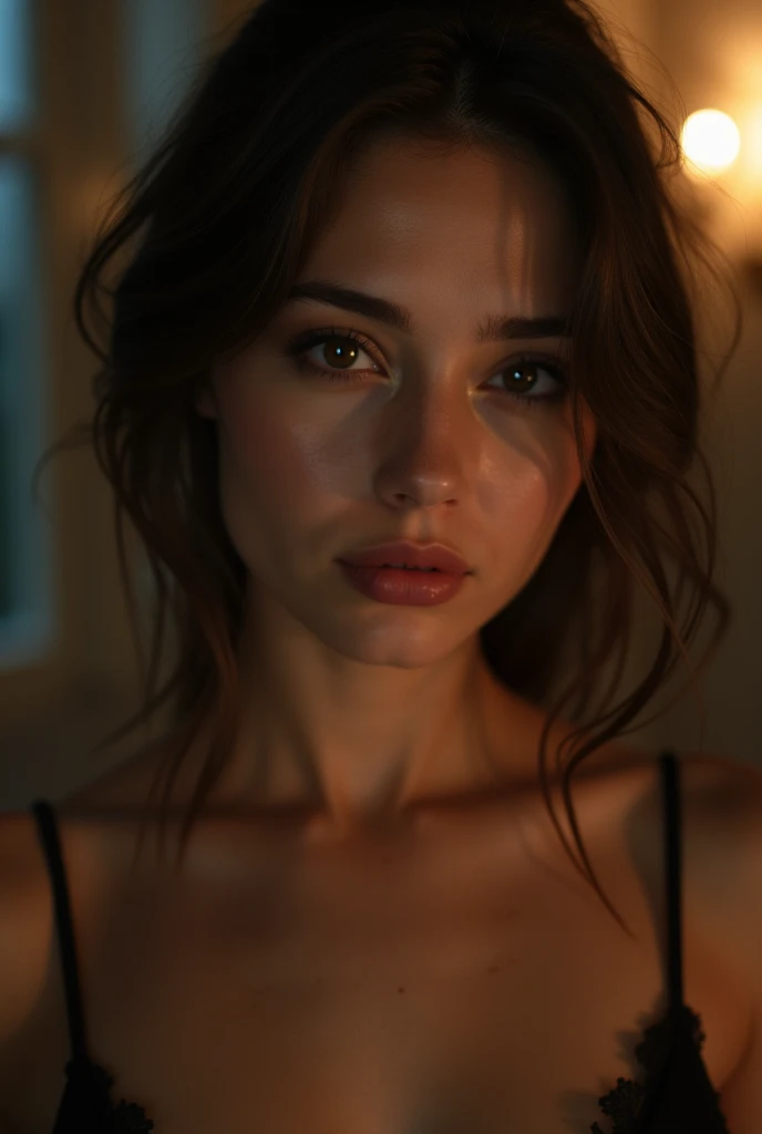 Cute eighteen year old, brunette, young, eye contact, nighttime, smiling, smile, young girl, thin legs, skinny, eighteen, sweet, closed mouth, mouth closed, slim, tiny body, 18, blonde, bright blue eyes, photo real, photorealistic, ?????, nude, ???????, soft nipples,