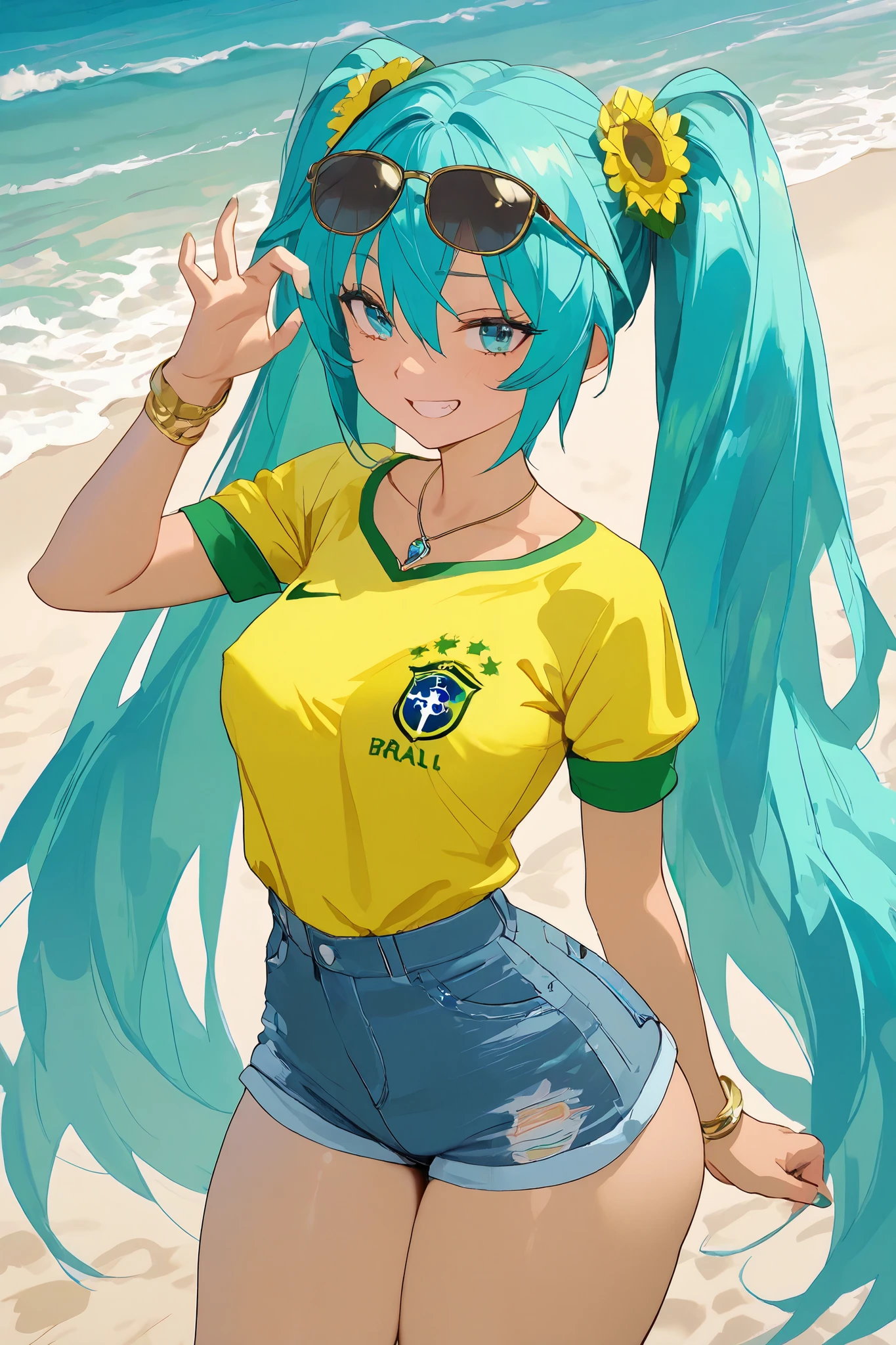 hatsune miku brazilian, ((girl making lewd penetration gestures)), ((girl full of naughty expression)), (young girl), BREAK girl, coquette girl, golden bracelets, necklaces, flower hair ornaments, dark glasses on the head, blue hair, twintails, long hair, round large blue eyes, erect nipples medium breasts, thin waist, wide hips, (large ass:1.1), thin thighs, body with perfect curves, brown skinned girl, yellow top shirt, ((brazil futbol shirt)), denim shorts,
beach, masterpiece, best quality, amazing quality, very aesthetic, absurdres, newest, super detailed, extremely detailed, nsfw, explicit