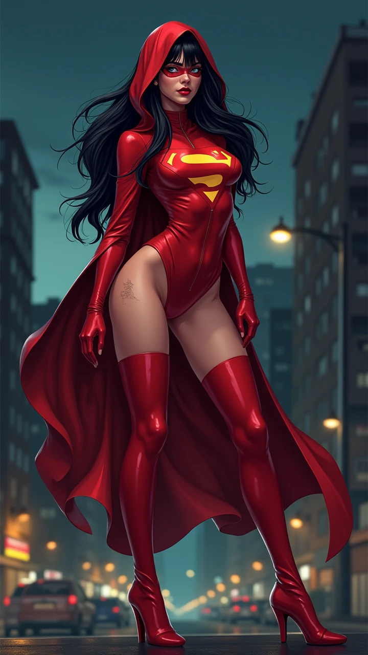 
realistic, best quality, (masterpiece:1.2), absurdres, (1girl, solo), fashion photography, lips, small breasts, beautiful, makeup, mascara, lip gloss, black hair, a beautiful woman wearing Superman costume, red cape, full body portrait, soft design, natural lights, looking at viewer, (Dark midnight Gotham City background:1.3)