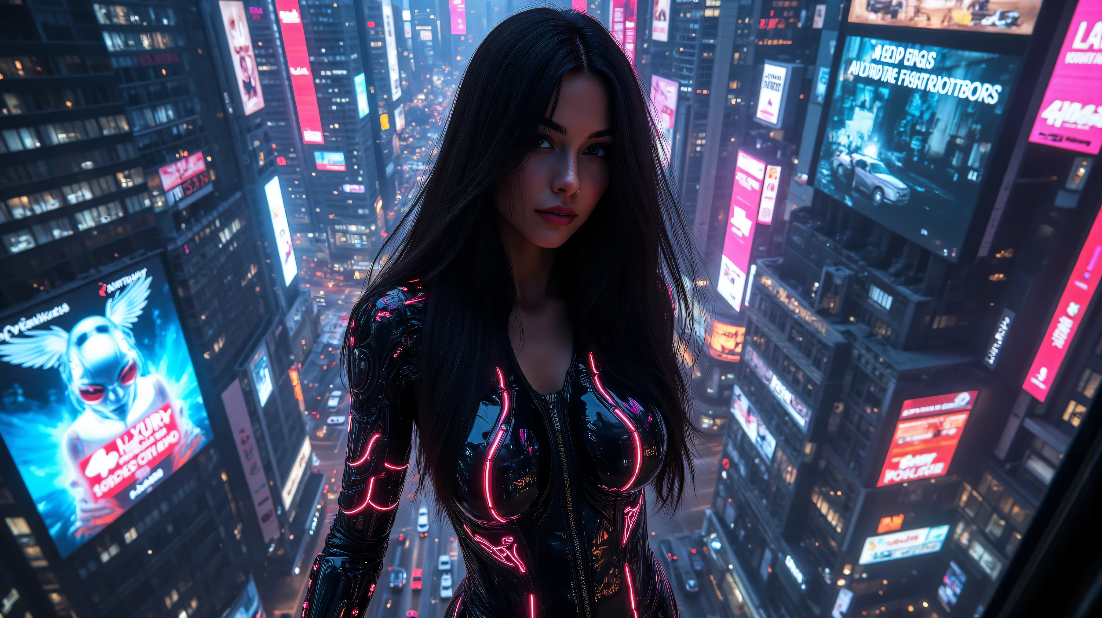A breathtaking woman with long, sleek jet-black hair stands on the edge of a towering skyscraper, overlooking the neon-lit chaos of Night City. She wears a skin-tight, high-tech bodysuit with glowing crimson circuitry tracing her curves, accentuating her hourglass figure. A sleek cybernetic arm gleams under the ambient pink and blue neon lights, its fingers resting casually on her hip. Her full lips curl into a seductive smirk as the wind tousles her hair. Behind her, massive holographic billboards flicker, advertising luxury cyberware and underground fight clubs, while the hum of flying cars fills the air.
