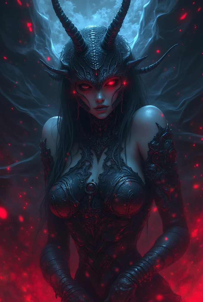 a close up of a woman with horns and a demon face, white horns queen demon, demoness, diablo 4 lilith, demon woman, beautiful elegant demon queen, dark fantasy style art, dark fantasy art, succubus, succubus | medieval, fantasy dark art, gothic fantasy art, dark fantasy artwork, tiefling, goddess of the underworld, large breasts, big