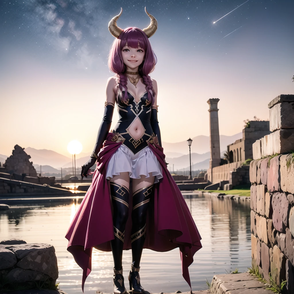 masterpiece, best quality, 8K,realistic, (photoshop \(medium\):1.2),night,forest, 18yo,
<lora:aura:1>,1girl,horns,pink hair,long hair,twin braids,purple eyes, necklace, cleavage, bare shoulders, gloves,navel cutout, skirt,thighhighs,grin,cowboy shot,