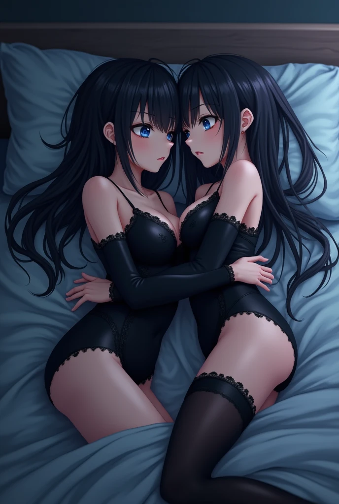 varginal sexside by side position, lying　Long straight wavy black hair