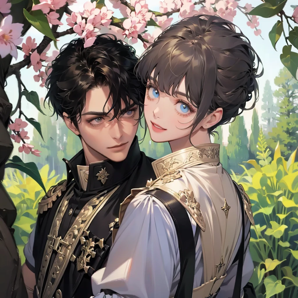 1 couple, 1 male and 1 female, adult, adult face, human, (male: brown hair with bangs), (female: black hair), (male: green eyes), (female: rose plue eyes), (female: small breasts), (male: handsome), (female: shy), (male:bad boy), fantasy, medieval times