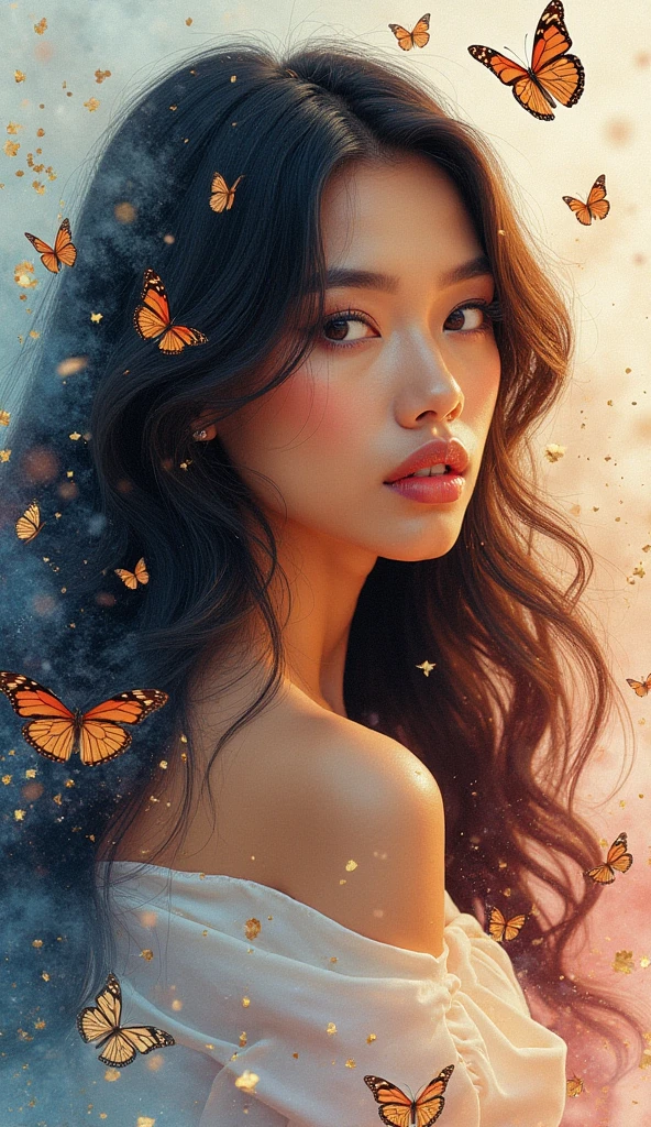 Here’s a similar idea with a unique twist:

"Watercolor and gold leaf double exposure of a stunning, ethereal (Indonesian woman) with long, wavy black and honey-blonde ombre hair. Her skin glows with a warm caramel hue, accentuated by a dusting of golden freckles. She gazes softly to the side with dreamy, almond-shaped eyes framed by bold winged eyeliner and voluminous lashes. Her lips, painted a deep berry shade, are slightly parted. Flowing silk fabric intertwines with her hair, merging into abstract waves of indigo, rose gold, and deep crimson. Surrounding her are delicate butterflies, floating lanterns, and shattered crystal shards reflecting soft ambient light, giving an otherworldly, celestial aura."

Would you like any tweaks or a different artistic style?

