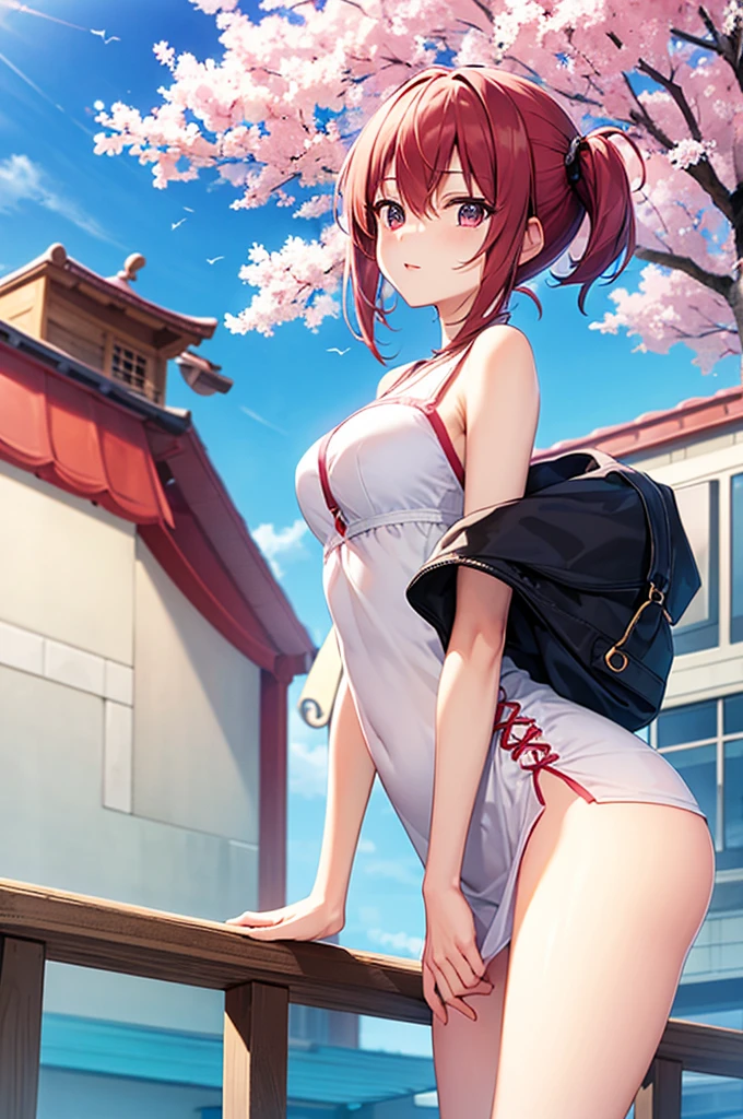 masterpiece, best quality, high resolution, extremely detailed, detailed background, cinematic lighting, 1girl, cute, medium breasts, nude, public indecency, looking at viewer, buildings, outdoor, cherry blossoms, bokeh, red ponytail hair, red eyes