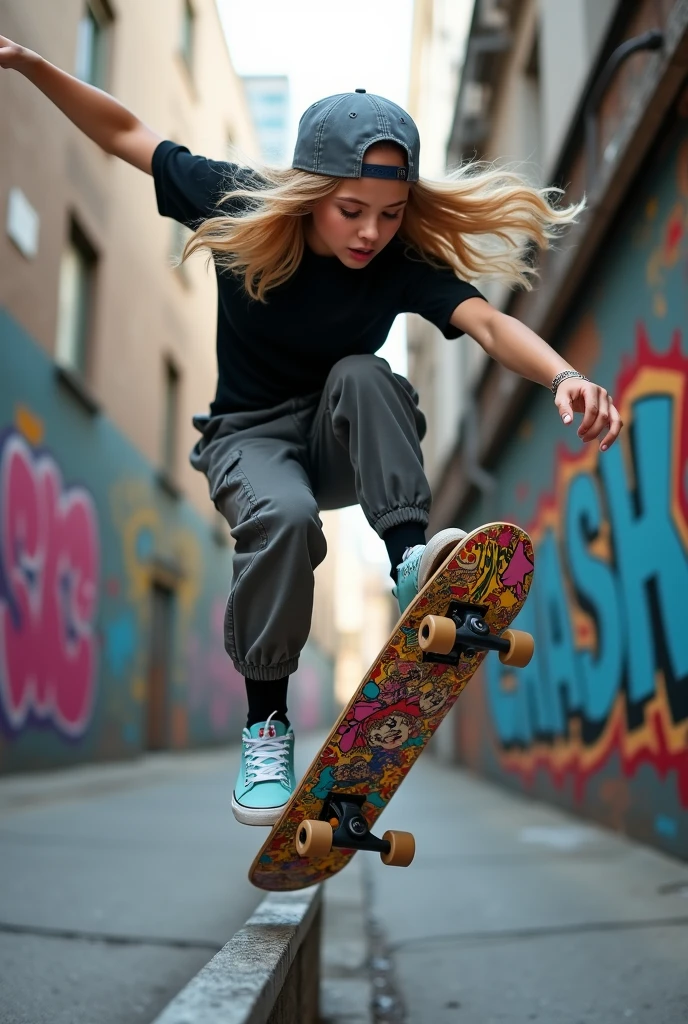 A fearless and stylish young skater dominates an urban skate park. With exceptional skill, she performs mid-air tricks on concrete ramps, surrounded by graffiti-covered walls. Her dynamic motion and confident expression are accentuated by windblown hair and streetwear fashion. Neon lighting casts dramatic shadows, creating a cinematic atmosphere. Captured with a wide-angle fisheye lens, this professional portrait showcases her beautiful detailed eyes and lips. The scene is reminiscent of a masterpiece, with ultra-detailed realism and vibrant colors.