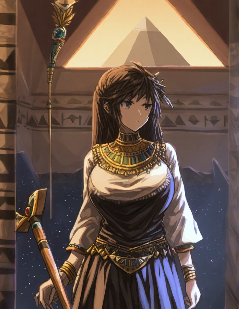 score_9, score_8, score_7, score_6, 1girl, belt, blunt bangs, breasts, brown cape, brown eyes, brown hair, cape, cleavage, cleopatra, dark-skinned female, dark skin, dress, egyptian, egyptian clothes, holding vase, ironlily, large breasts, original, pouring, pouring onto self, short hair, simple background, solo, tiara, water, wet, wet clothes, white background, white dress, ironlilyStyle