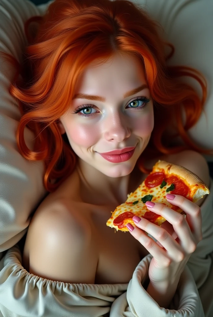 realsitic sexy redhead female with amazing face in ((torn)) white dress in full groth on the kitchen offers you a pizza with a smile on face | top down view