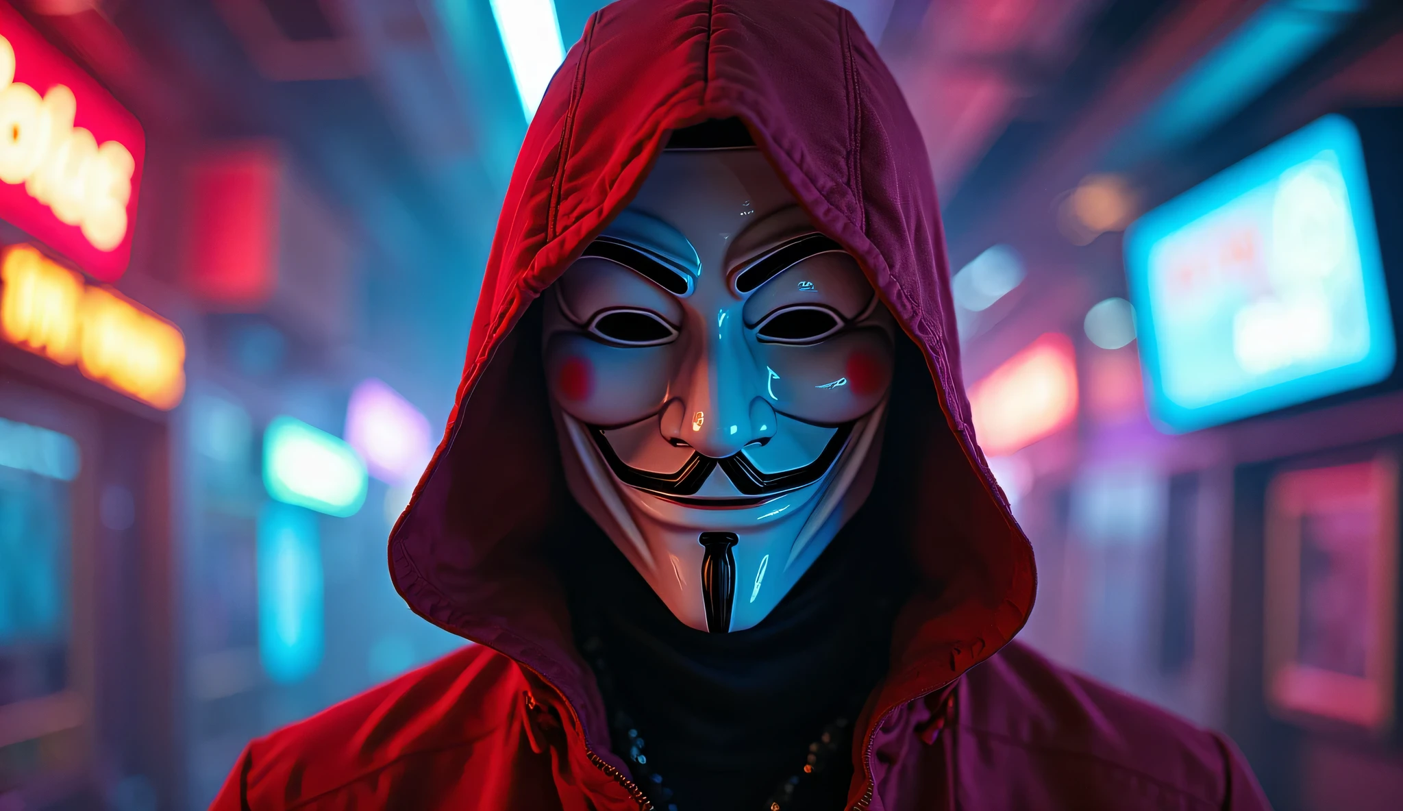 a highly detailed mask of anonymous, V for vendetta mask, neon alpha coders sign, dark background with computer code fragments, vibrant neon colors, photorealistic, cinematic lighting, 8k, best quality, hyper realistic, intricate details, dramatic shadows, moody atmosphere, cinematic perspective
