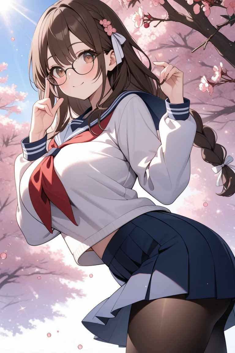 a girl,Wearing black thick-rimmed round glasses,Coffee-colored hair,Wavy double ponytail hairstyle,short minidress,Background is sky,jump,hands raised,Legs sensual,Leaping,Lift and bend legs,Pink panties。Wide-angle lens, low angle looking up shot, colorful,meticulous,Pixelmap
