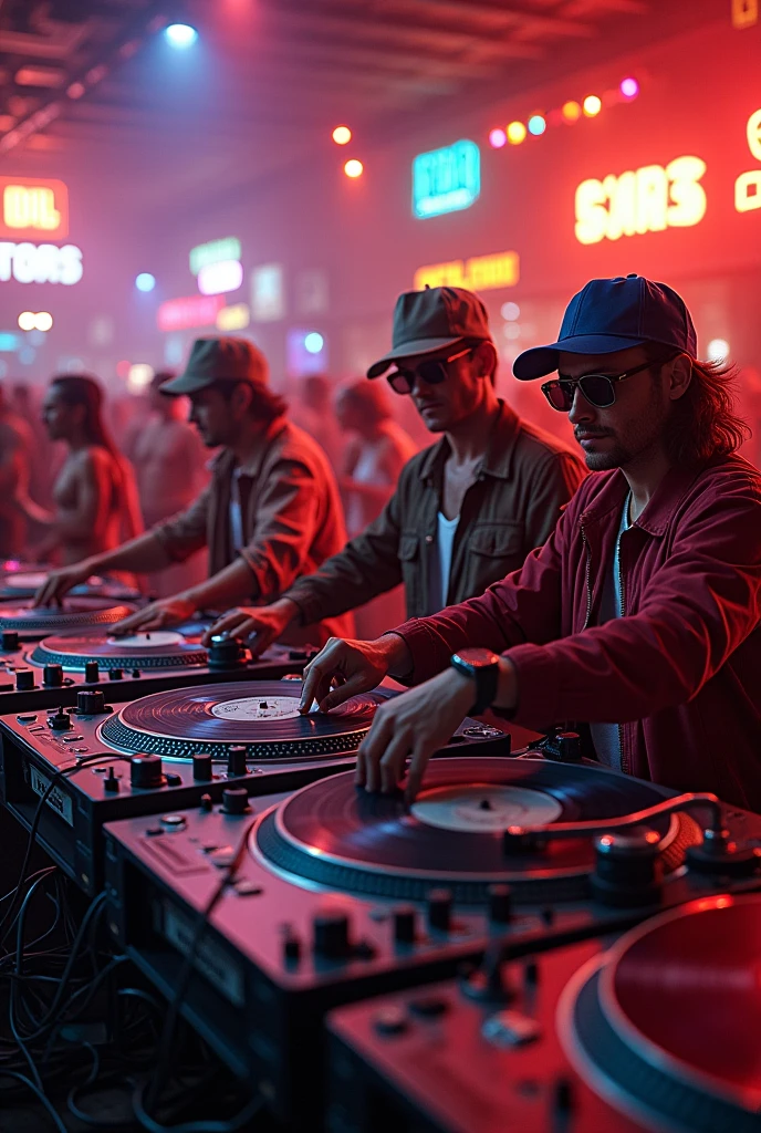 dj tocando , retro , anos 90, de frente com muro ,