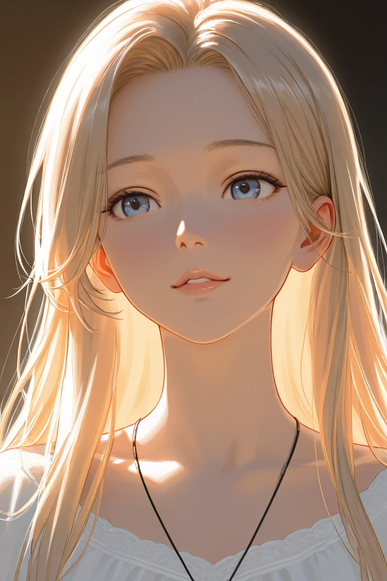 Upper body, elegant adult woman, long blonde hair, bangs, casual shirt, cleavage, blue eyes, soft light, high quality, 4k resolution