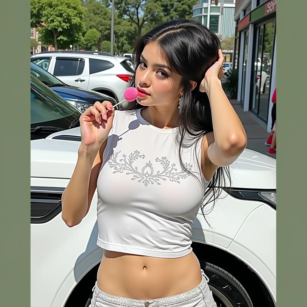 Create a (((NSFW))) erotic picture of a black hair woman with pony tail, wearing a really short horizontal lined dress in white and black stripes and a black high heels. In the background, create a 50s fashion dinner in with some 50s car. Make it in the day time, with sun. Californian 50s vibe. Rockabilly and surf vibe. Create a masterpiece, only one perfect art. Make it realistic, stunning photograph.
