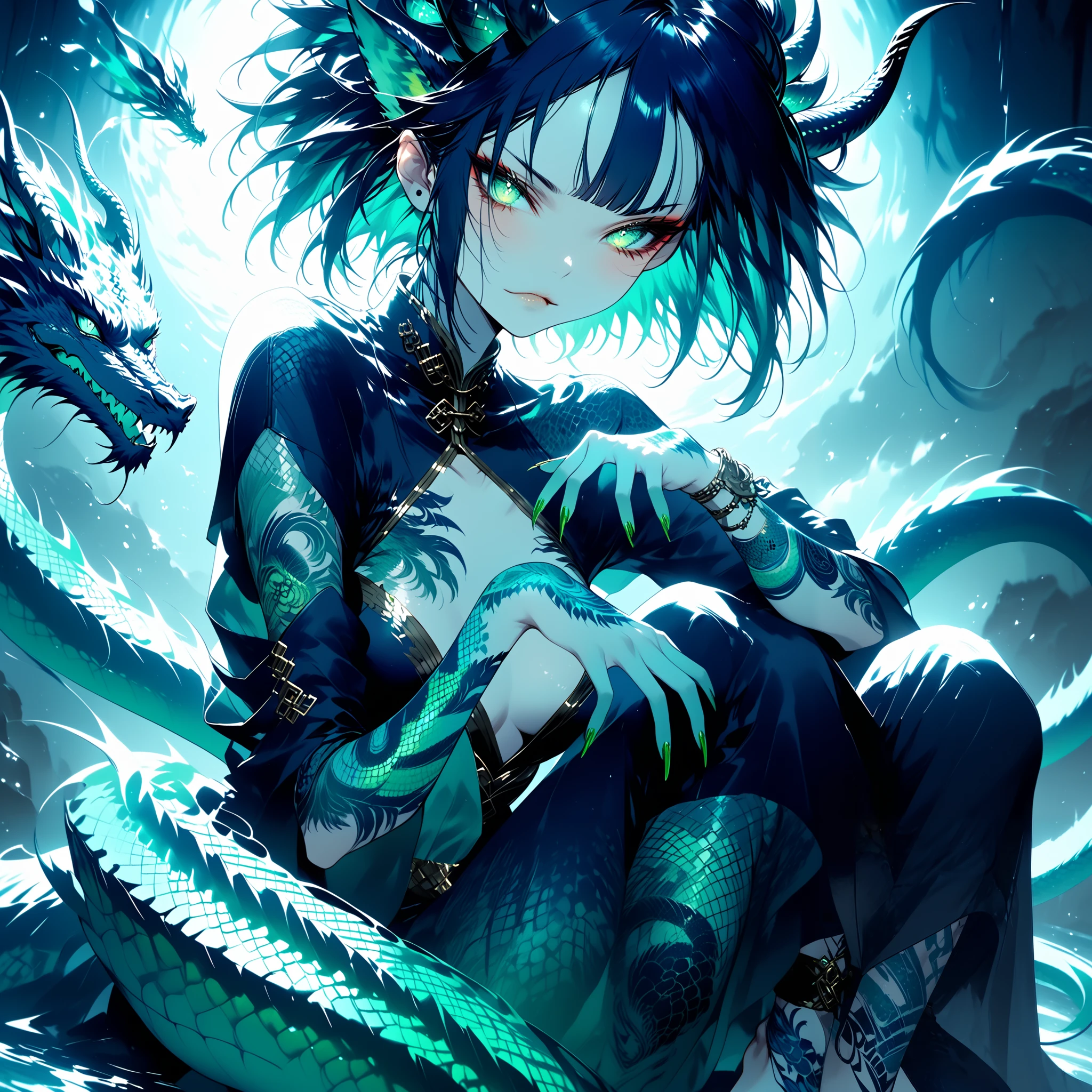 Girl is hybrid of the dragon. She has indigo blue/black straight shoulder-length hairstyle, her bangs are pinned up and pulled back. She has green jade eyes with narrow pupil . she has 4 curved branched horns are located on the forehead. She has long pointy blue fluffy dragon ears. She has long mighty scaly dragon tail with black mane along the spine and black fluffy tassel on tip of her tail. On her skin fully covered with navy blue/azure scales with Nazar pattern. She has her hands fingers and feet toes she has long golden claws. She has red stripes tattoos on her face , and all over her body. Her lips navi blue, she has a gold sharp fangs. She's wearing a red qipao. She doesn't wear shoes, she's barefoot.