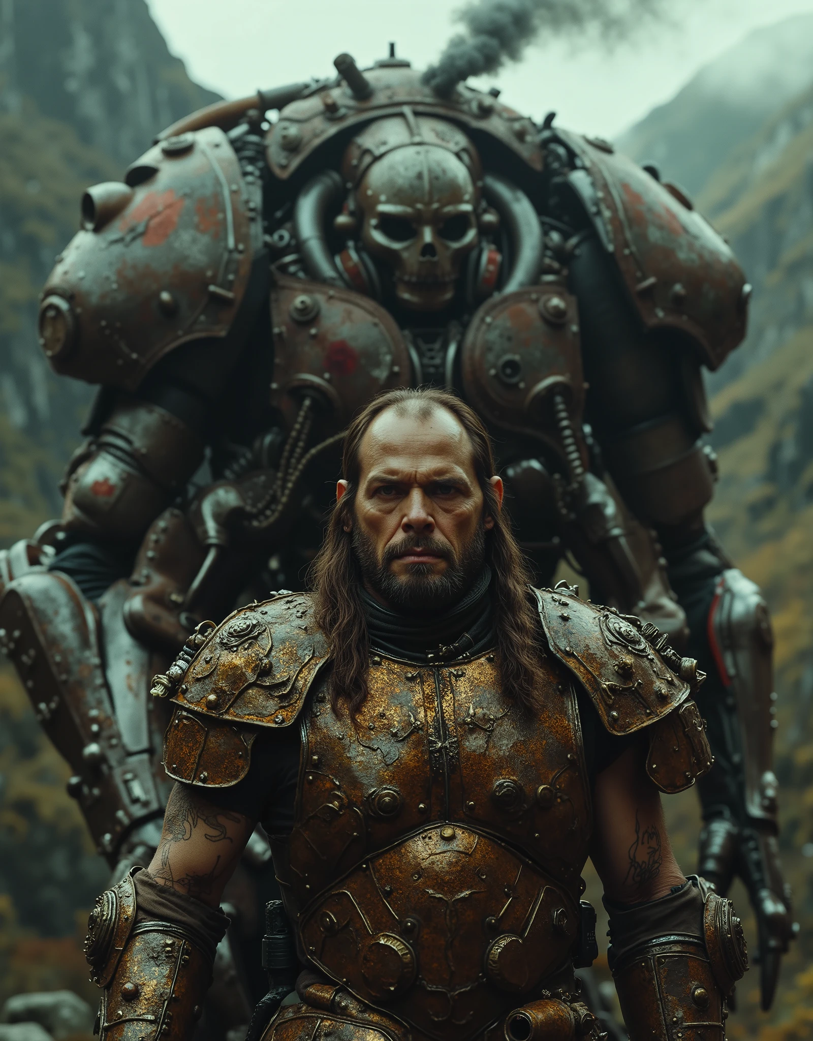 cinematographic photograph using rule of thirds and composition on planes Photo 3 / 4 takes over the entire body , Hannibal Lecter dressed in full plate armor made of rusty copper coins, sunken brown eyes, penetrating look, lank matted long hair, full body shot, depraved and gothic, Aztec tattoos , Next to him in the background is a tall long-legged steampunk mecha robot inspired by the Sumerians 𒀉𒉺 Asag and with dark armor with a lot of rust battle damage and destroyed parts, You can see the exposed mechanism composed of pistons , hoses, chains and motors of Tartarus, . In the background of a grimdark medieval fantasy, Eldritch smoke emanating from the robot in the style of Ashley Wood and Racrufi and Luis Royo , drk4rt