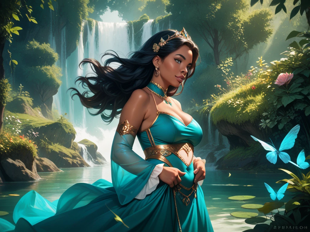 beautiful young lady (Jasmine "Aladdin"), (27 anos), vestido longo Azul turquesa, de corpo inteiro, rocher, Very realistic waterfall, coucher du soleil, fleurs