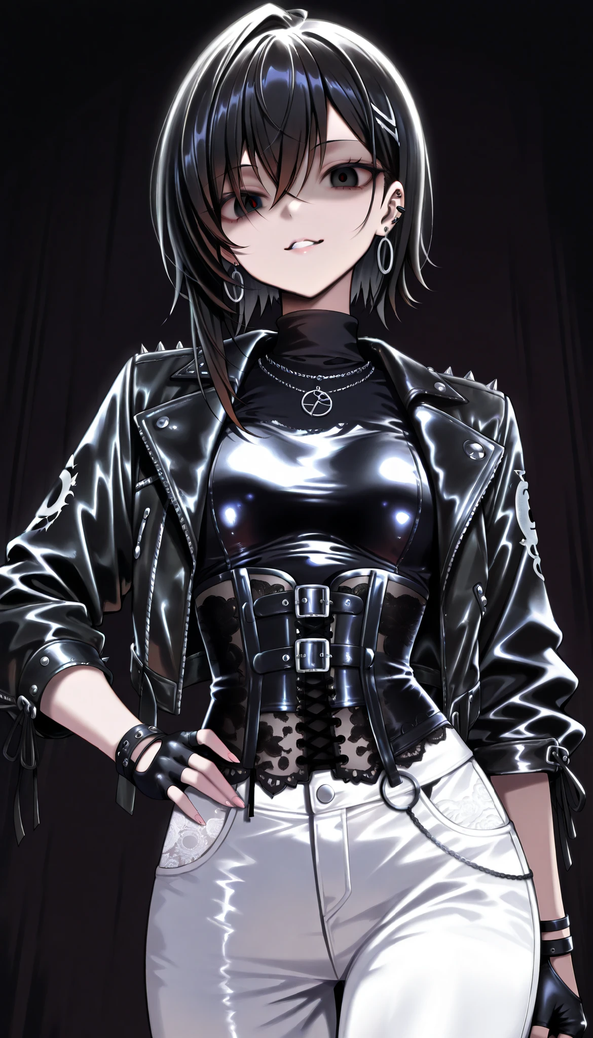 Cool women、beauty、Yandere、Christian Dior Necklace、(dark background, dynamic angle)、(black hair, black eyes)、((black corset, leather jacket, black fingerless gloves, black turtleneck, e-girl fashion, white peals and black lace, fully-clothed))