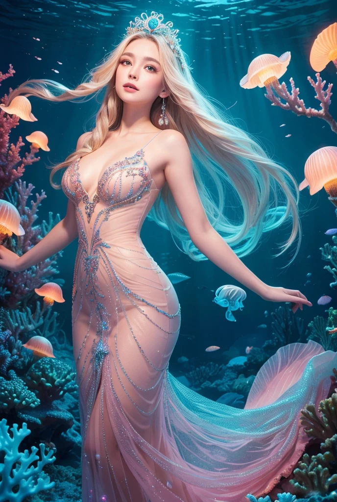 A woman in a pink dress sits in a pool, Ross Chen 8 k, Covered with coral, 🌺 CG Society, in the style of Ross Chen, Surrounded by frozen flowers, Inspired by Ross Tran, Ross Chen. Landscape background, Queen of the Sea Mu Yanling, Ross Chen and wlop, Ariana Grande as a mermaid, Fantasy Photography