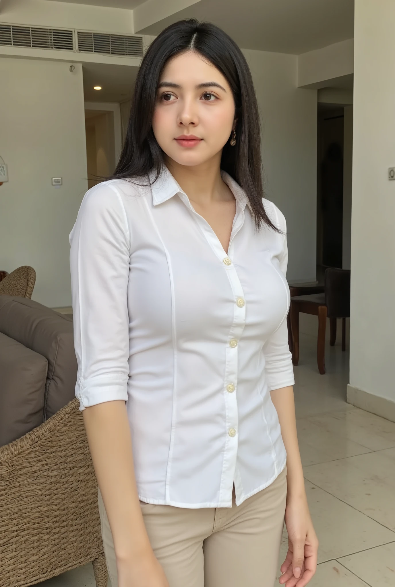 (Masterpiece: 1.2, Best Quality), Realistic, (Realistic Picture, Complex Details, Depth of Field), Best Quality, Masterpiece, Highly Detailed, Realistic, 1 adult girl, indonesian wife, 23 Years Old, , chest forward, huge breasts, thin lips, beautiful and seductive, sexy body, wearing white shirt casual, the livingroom background, standing, full body view, look at viewer, full photo.