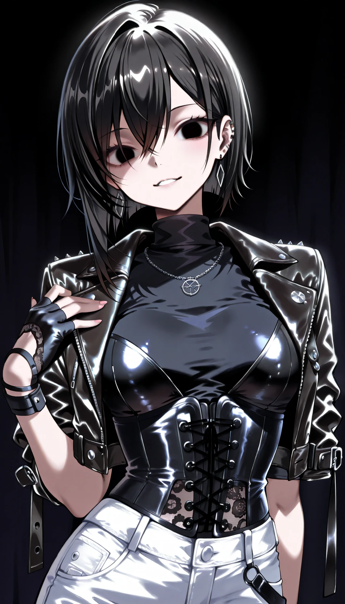 Cool women、beauty、Yandere、Christian Dior Necklace、(dark background, dynamic angle)、(black hair, black eyes)、((black corset, leather jacket, black fingerless gloves, black turtleneck, e-girl fashion, white peals and black lace, fully-clothed))