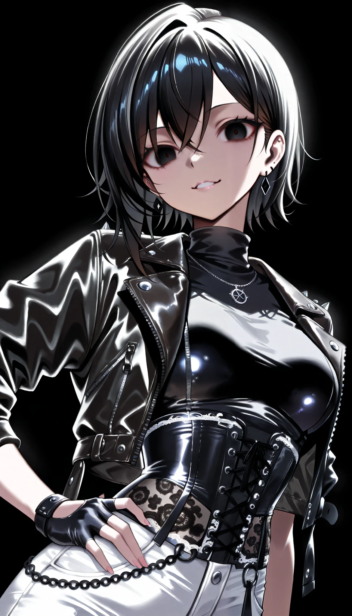 Cool women、beauty、Yandere、Christian Dior Necklace、(dark background, dynamic angle)、(black hair, black eyes)、((black corset, leather jacket, black fingerless gloves, black turtleneck, e-girl fashion, white peals and black lace, fully-clothed))
