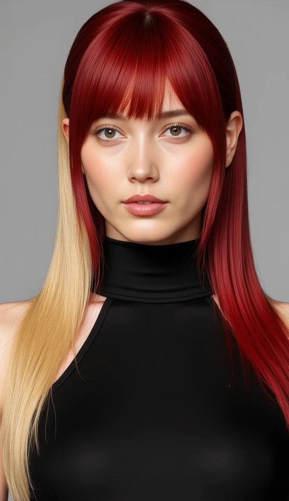 Silky Smooth Hair 、A two-tone color with dark red hair and blond hair、long hair、hairstyles are straight、long hair that reaches the chest、tall ponytail、Bodysuit