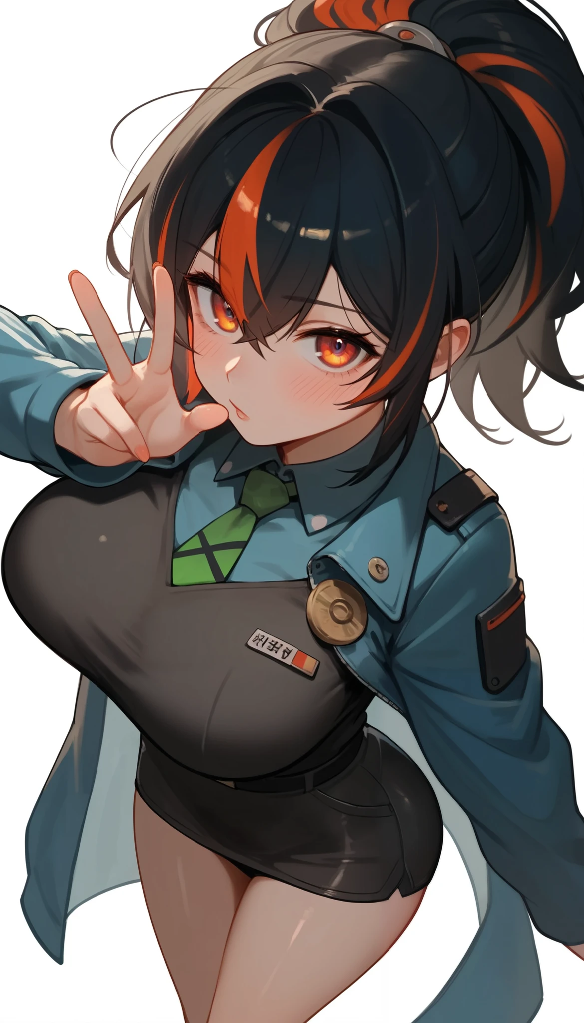 score_9, score_8_up, score_7_up, score_6_up, score_5_up, score_4_up, (masterpiece: 1.0), best quality, 1girl , Alone, Viewer, simple background, Expression of disdain, Victory Gesture , blush, Disdainful Eyes, From above, big breasts, style: midjourney, zhu_Yuan