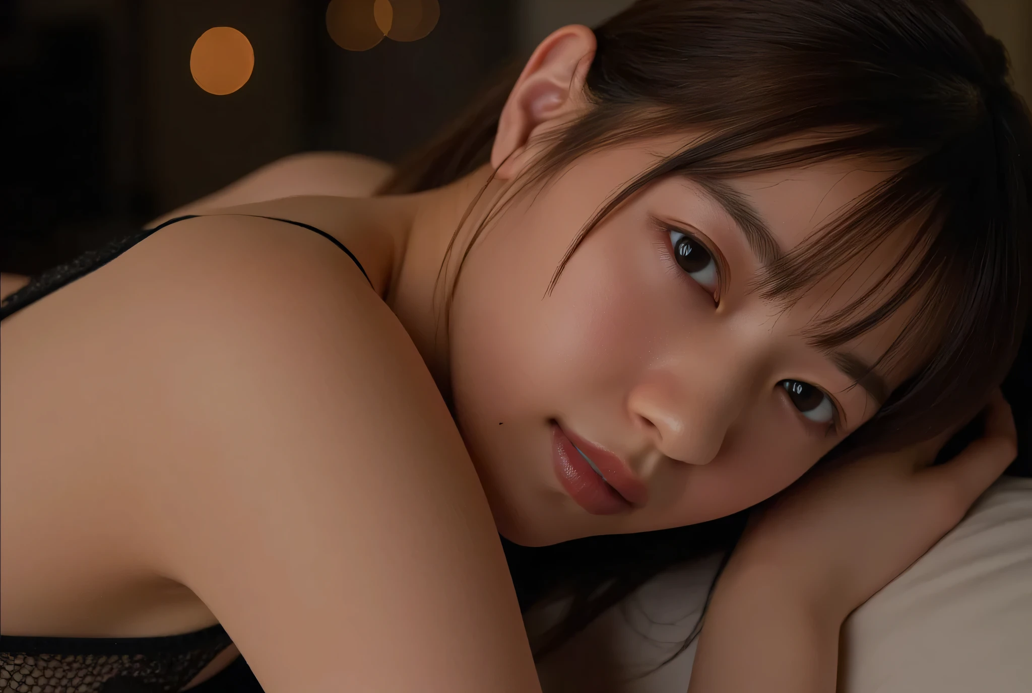 (16k, masterpiece:2.0, best quality:1.5, cinematic lighting, realistic, natural, ultra high res, super detail, ultra detailed, An ultra-high picture quality, High quality image quality, real photo, hyperrealism, ultra sharpness, intricate details), (realistic textured skin, ultra detailed face, perfect anatomy, perfect fingers, NSFW, Completely naked, woman, 20 years old, random hairstyles, pale gold eyes, extremely detailed face), (beautiful breasts, big breasts, slim waist, perfect body:1.3, perfect nipples), (black mesh panties), (lying face up in a bed, on back, head on pillow, sleeping posture), seductive pose with sensual face, looking at the camera, (from right in front of face and body, straight view, from above), indoors, bedroom.