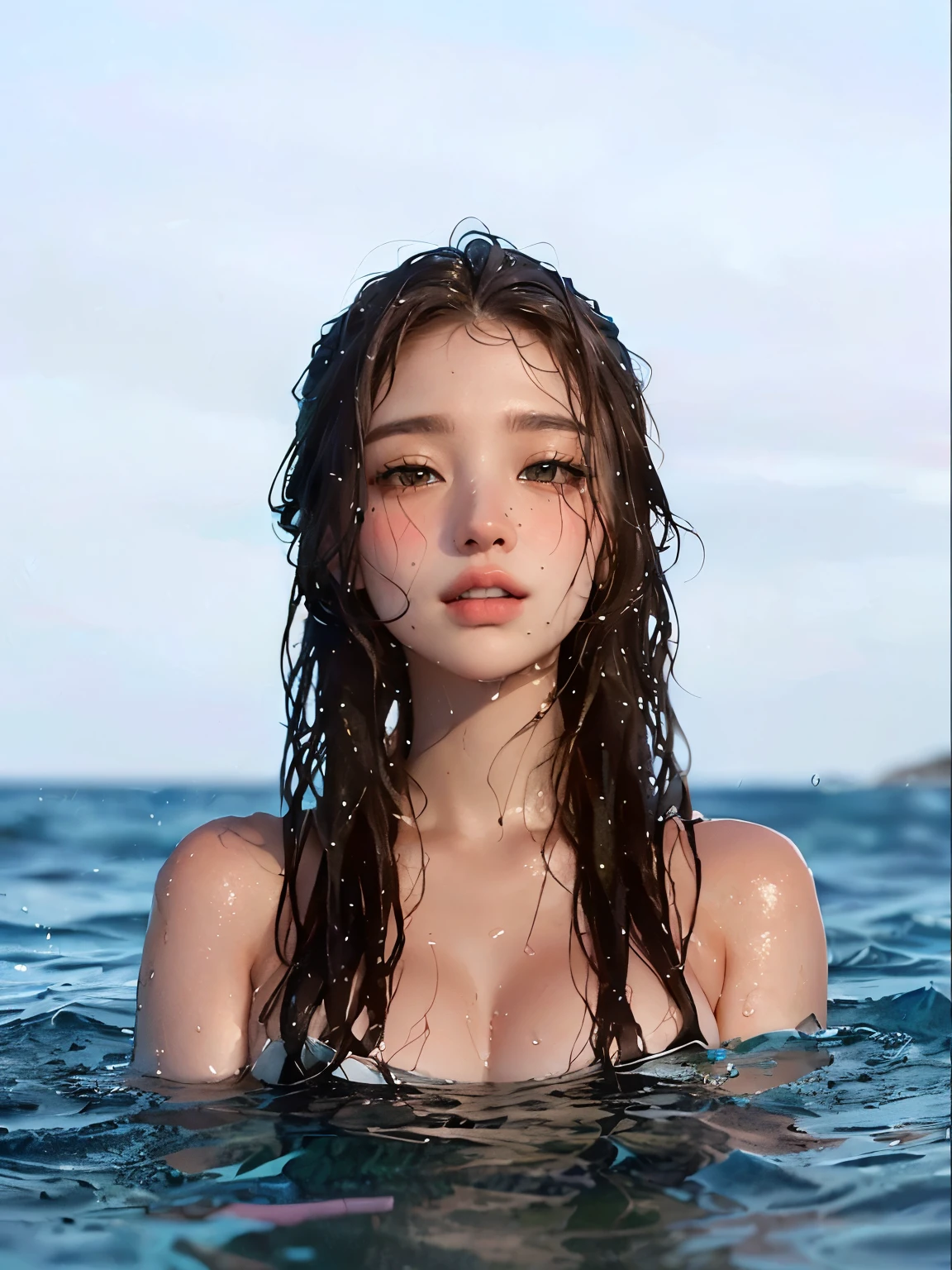 Crystal clear water, Waveless water surface, The sky before night, horizon, beautiful woman, Perfect Face, Glamorous body, See-through erect nipples, (((Floating on the water:1.3))), landscape, Nice views, The moon reflects on the water surface, Medium Bob Hair, Straight bangs, shiny skins, Highlights in the eyes, natural lighting, soft smiling, (wide angle),