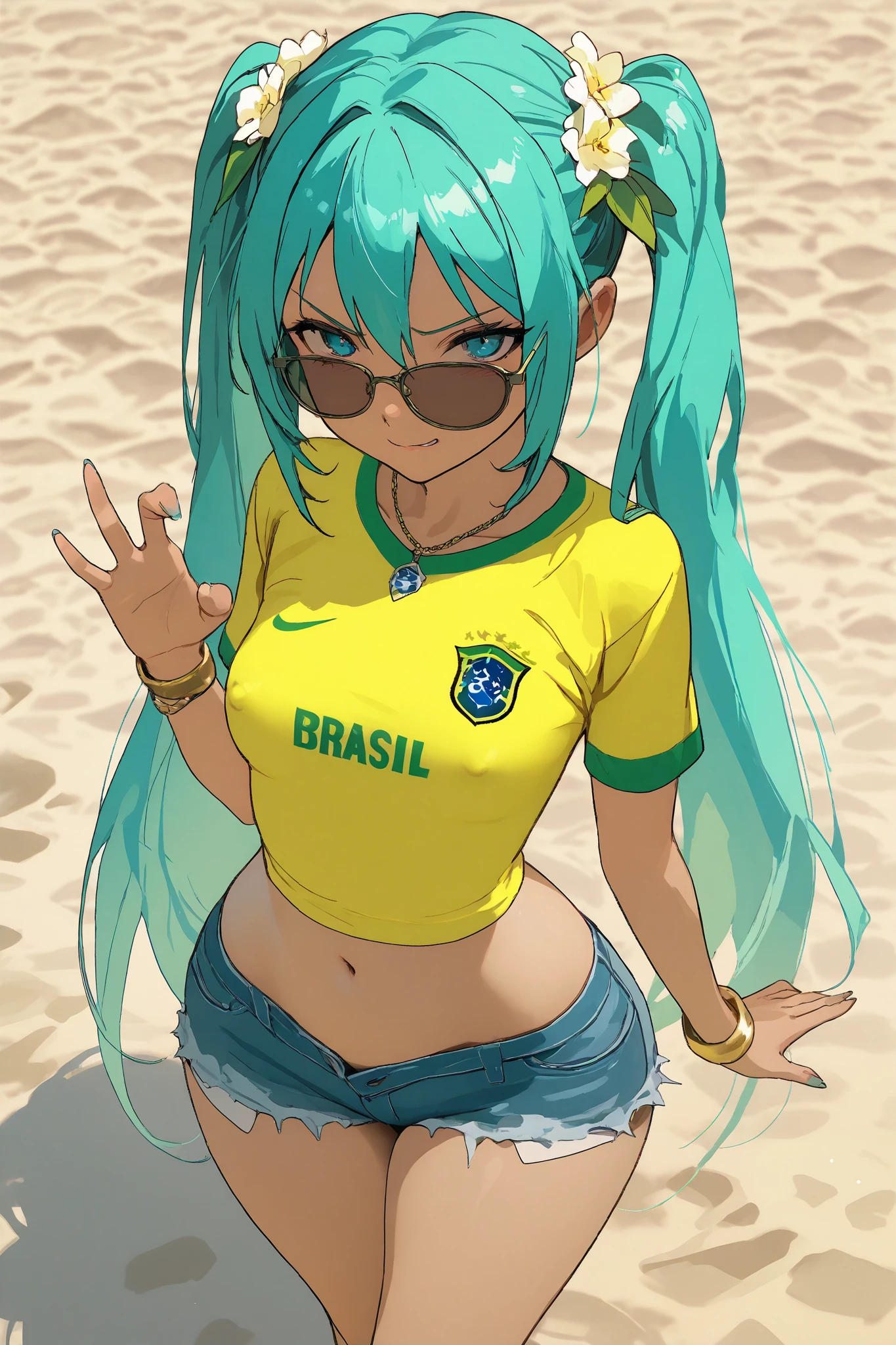 hatsune miku brazilian, ((girl making lewd penetration gestures)), ((girl full of naughty expression)), (young girl), BREAK girl, coquette girl, golden bracelets, necklaces, flower hair ornaments, dark glasses on the head, blue hair, twintails, long hair, round large blue eyes, erect nipples medium breasts, thin waist, wide hips, (large ass:1.1), thin thighs, body with perfect curves, brown skinned girl, yellow top shirt, "BRASIL" text, ((brazil futbol shirt)), denim shorts,
beach, masterpiece, best quality, amazing quality, very aesthetic, absurdres, newest, super detailed, extremely detailed, nsfw, explicit