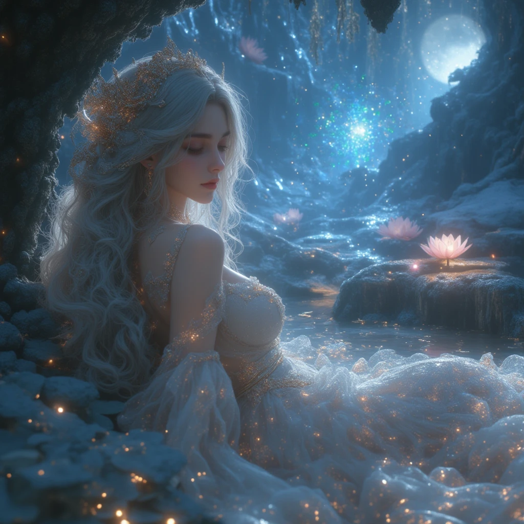 High resolution, highest quality, illustration, cinematic light, ultra-detailed face, (detailed eyes), best quality, ultra-detailed, masterpiece, (detailed face), 1girl, girl, white hair, purple eyes, highest detail, glowing eyes, medium breathing, sitting on the bed, sitting, bed, window, night sky, lake outside, moon, full moon, backlight, light, (high contrast), (color), --auto --s2