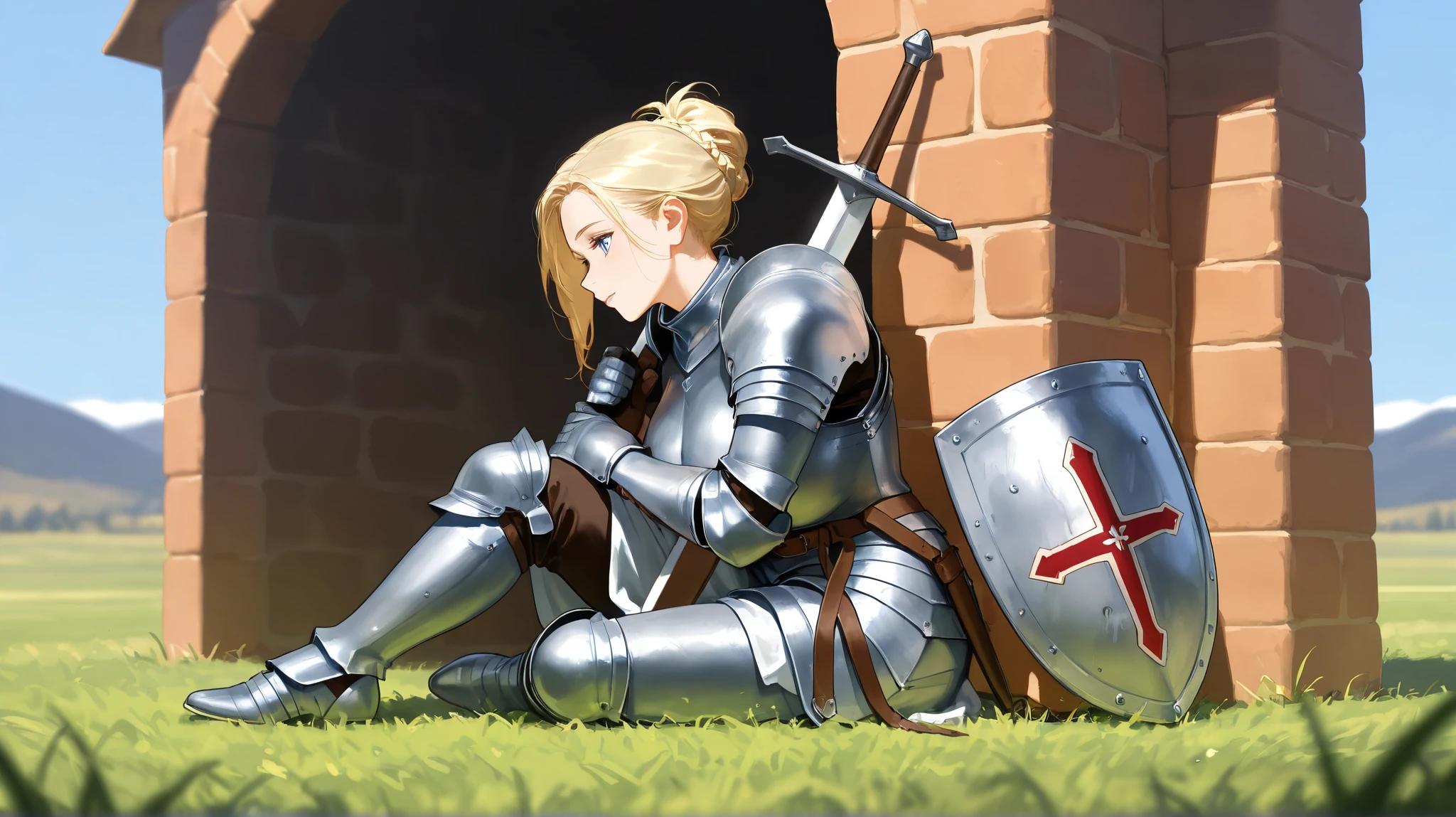 a beautiful mature female, bright skin, blue eyes, blonde hair, tied-up hair, soft light, high detailed, best quality, large breast armor, big hip, half body, sitting on grass, on field, full body, very far point of view, side view, wearing medieval armor, wearing full armor, carrying a sword and shield, bright blue sky, mountains background