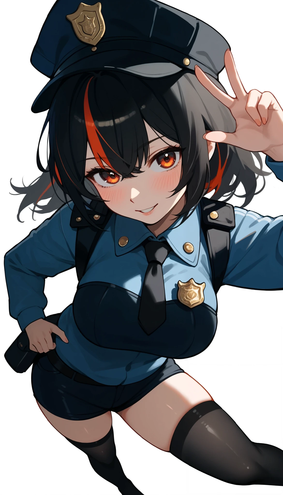 score_9, score_8_up, score_7_up, score_6_up, score_5_up, score_4_up,  (masterpiece: 1.0), best quality,  1girl , Alone, Viewer, simple background, Expression of disdain,  Victory Gesture  , blush, Disdainful Eyes, From above, Black Stockings, Police Uniform, big breasts, style: midjourney, zhu_Yuan