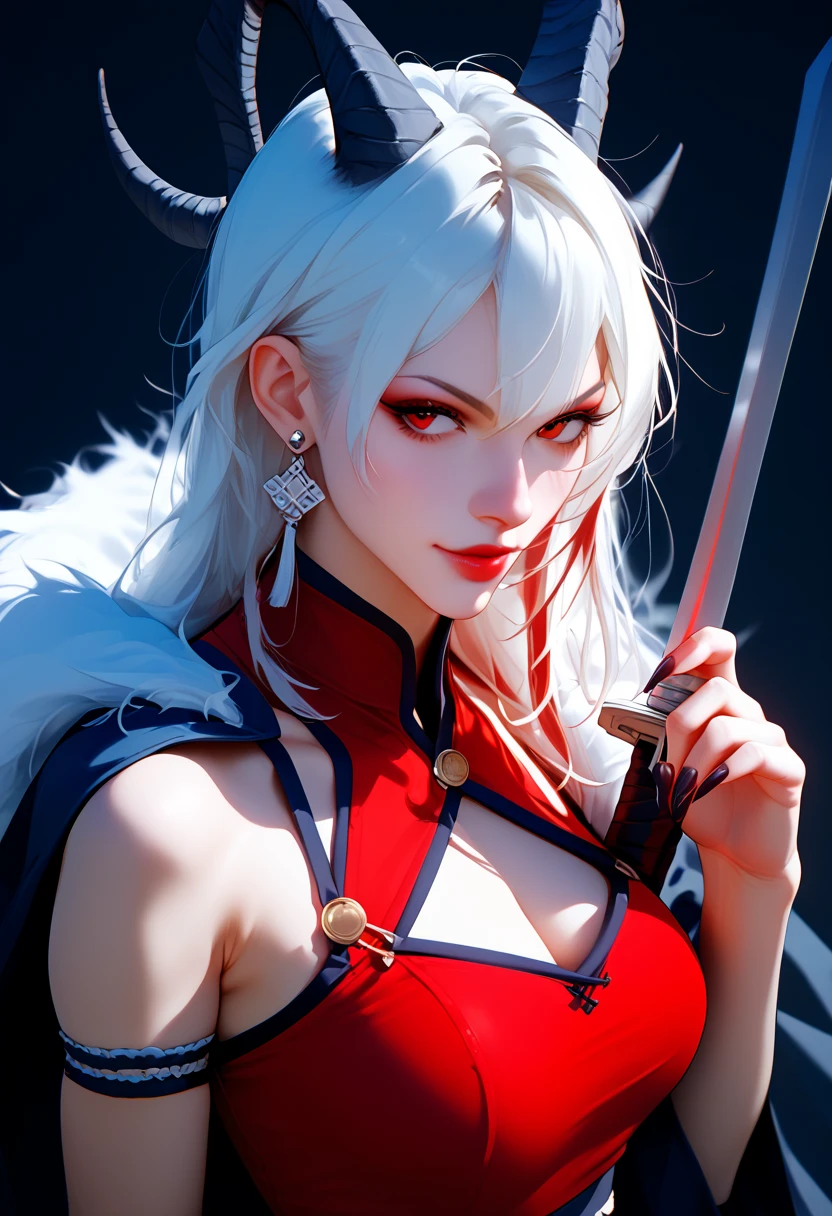 Woman with a sword、The sword glows red、Women are beautiful、kawaii faces、japanes、Breasts are big、Colossal tits、huge-breasted、ninjartist、Ninja clothes、White overall、Long hair、Fantastical、high-level image quality、Transparent background、((Transparent background))、huge-breasted、Fantastical、