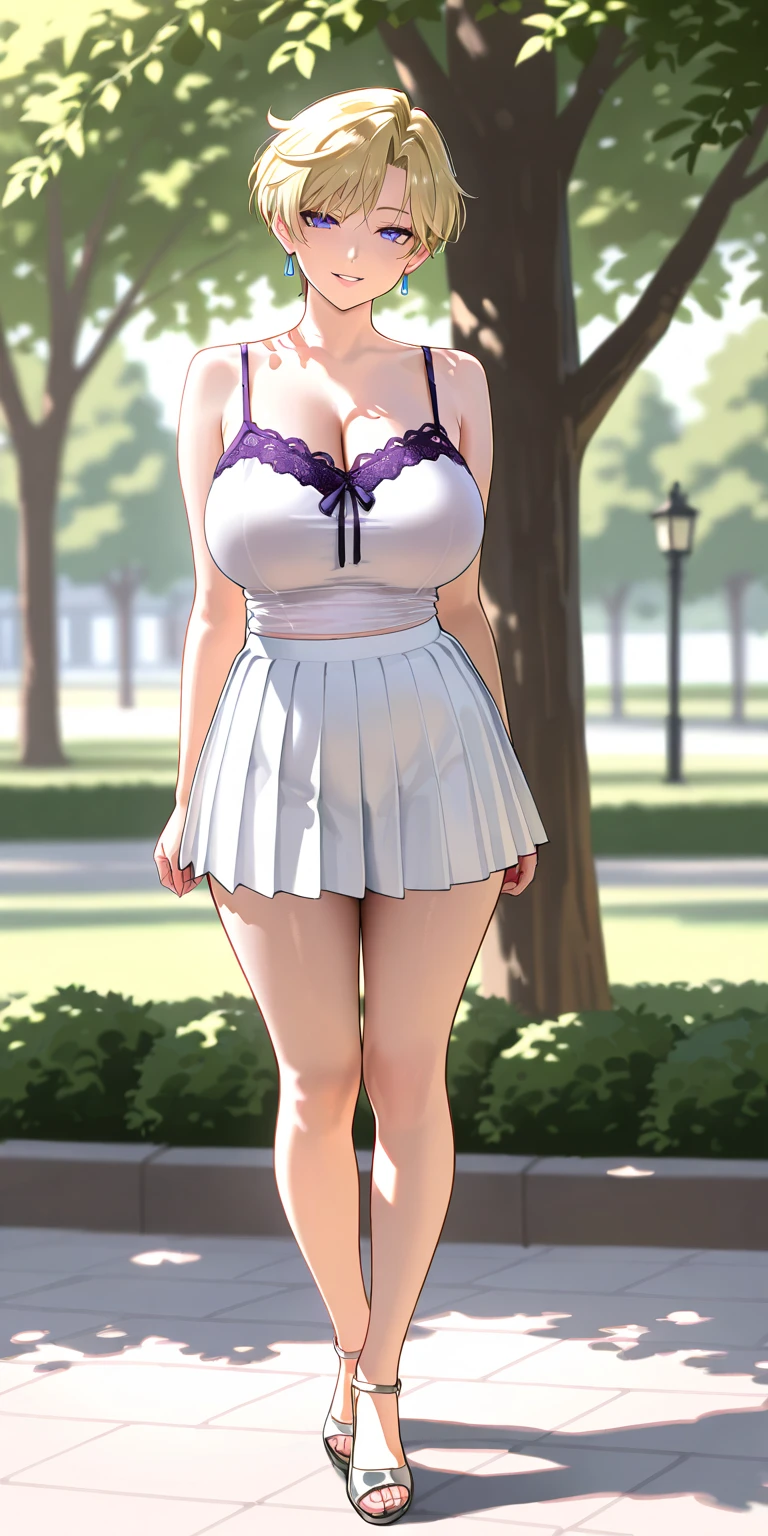Detailed image, realistic image, coherent image, 1 girl. She has long silver blonde hair, blue eyes. She is smiling sensually. She has a curvy body, large breasts, wide hips and thick thighs. She is dressed in a strapless top and pleated mini skirt. Kneeling with legs spread, arms tucked behind her, breasts sprouting. Park background, cherry trees and petals falling around her. Natural light, ambient light, detailed shadows,