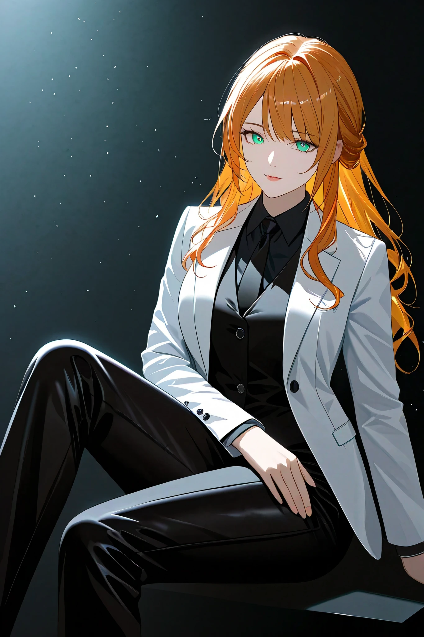 Adult women , orange hair,Emerald eyes,Capable,distribution,Wearing a black vest 、white blazer and black wide-leg pants,No Expression