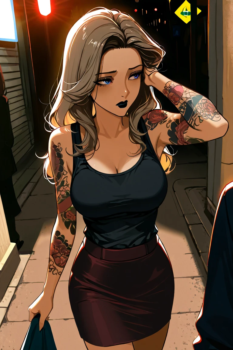 With a knife and a black shirt、Blonde woman leaning against a yellow wall, blonde Anime Girls with long hair, City Girl Fan Art, Gweiz-style artwork, Ilya Kuvshinov with long hair, Blonde girl, Gwen Stacy, Lostland Style, Anime-style illustrations, Digital anime illustration, modern anime style, Anime Girls, Digital anime art