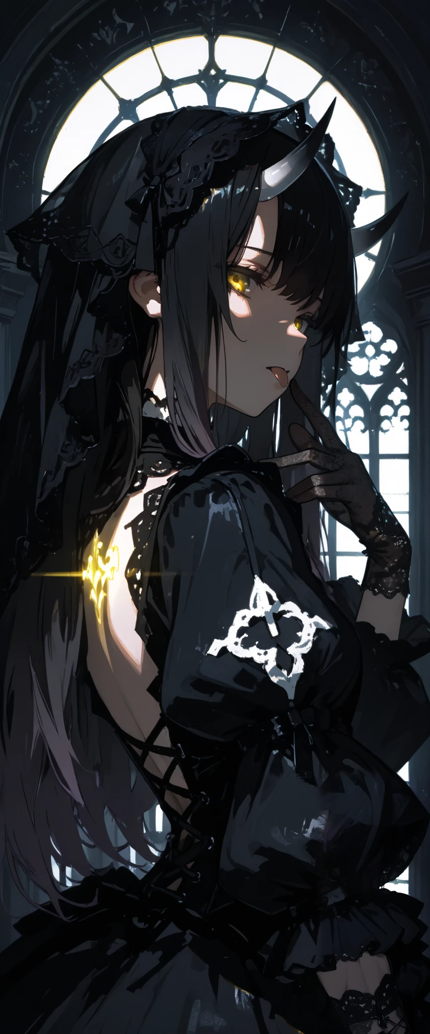 top quality , masterpiece, 748cm style , 1 girl, , viewers, , gradient hair, black hair, long hair, yellow eyes , gothic dress, black dress, gothic veil, lace gloves, bridal veil, looking at viewer, gothic background, perfect waist, standing, eyelevel shots, lace gloves, puffy sleeves, dynamic light, glowing, lighting, backlight, horn, upper body, close up, tongue