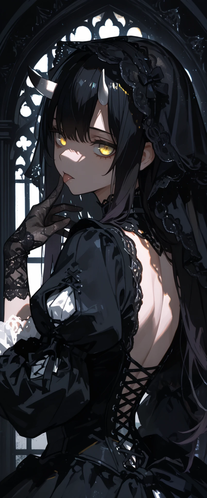 top quality , masterpiece, 748cm style , 1 girl, , viewers, , gradient hair, black hair, long hair, yellow eyes , gothic dress, black dress, gothic veil, lace gloves, bridal veil, looking at viewer, gothic background, perfect waist, standing, eyelevel shots, lace gloves, puffy sleeves, dynamic light, glowing, lighting, backlight, horn, upper body, close up, tongue