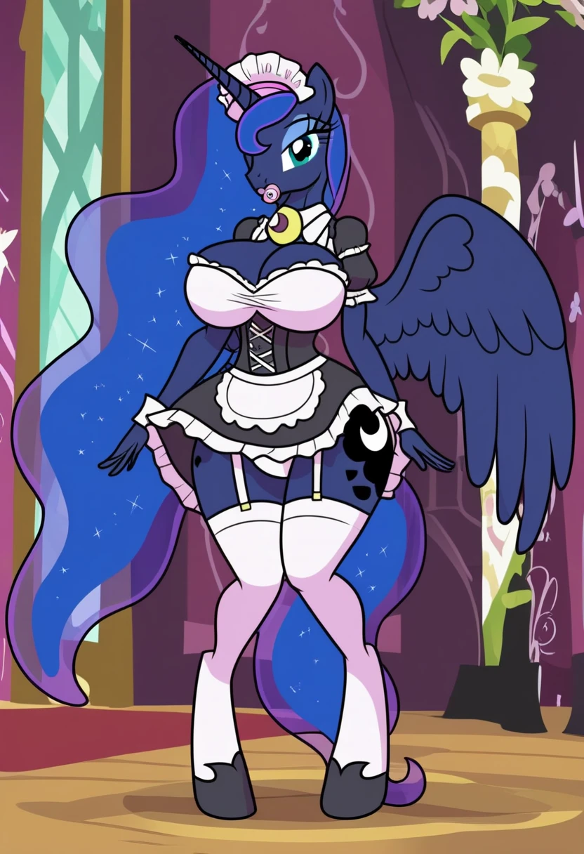 Princess Luna from the movie "Mlp equestria girls", annoyed, looking at the viewer, blue dress, She lifts her dress with her hands to show her buttocks, sexy purple panty, purple thigh-high stockings, garter belt in each stocking, In a castle, at night, from below, big breasts. blue skin, He turns his back on me, Pov turns his back on me, Is behind.