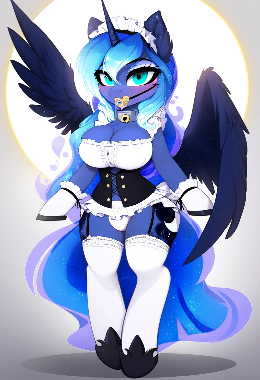 My little pony, anthro, long blue hair, white body, brown eyes, very seductive pose, opened her mouth, and strings of saliva stretched within it, she removes her panties, big breasts