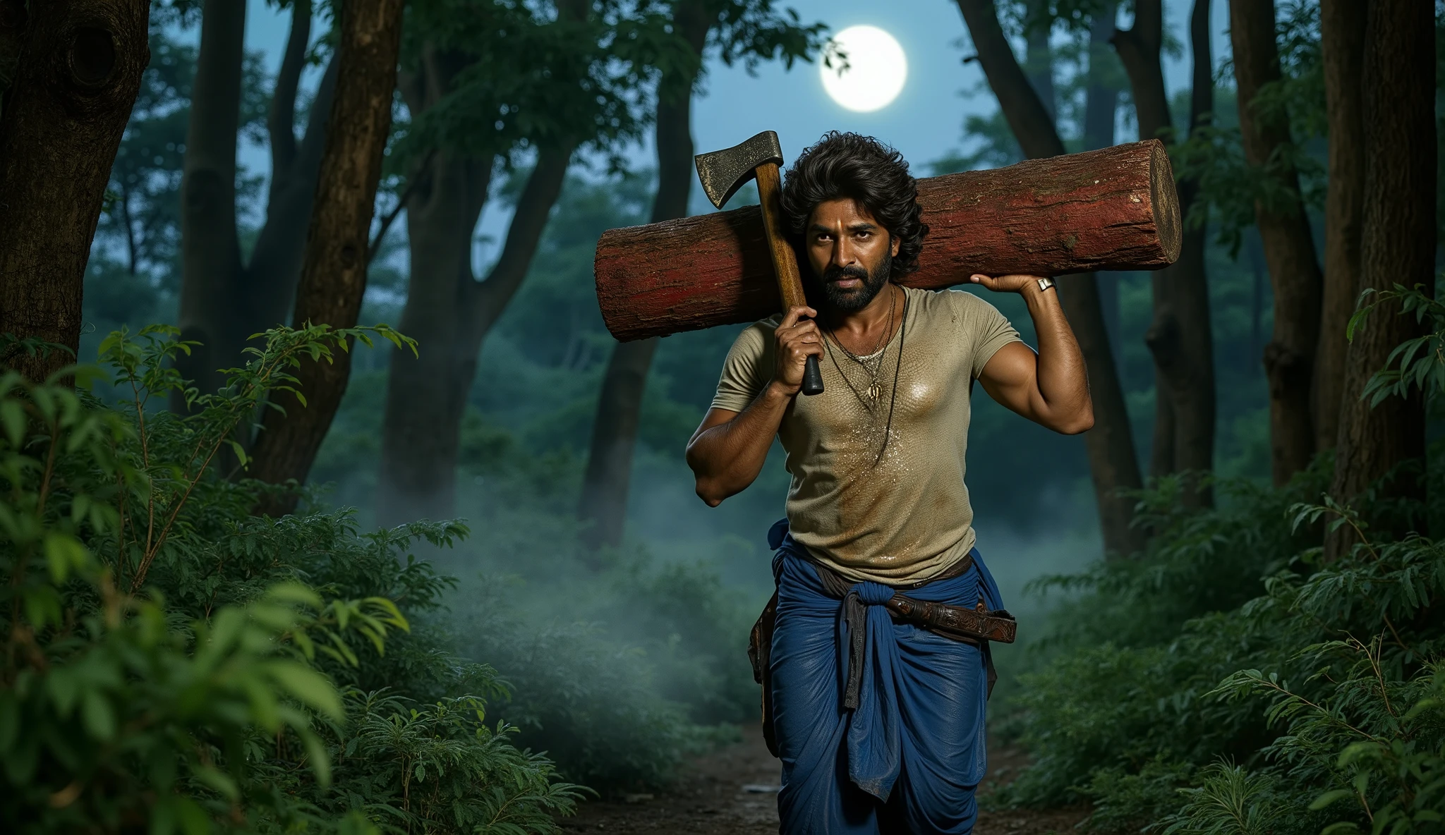 "A rugged man with thick, wavy hair and a beard, resembling Allu Arjun as Pushpa Raj, carrying a heavy red sandalwood log on his shoulder while holding an axe in his other hand. He is walking through a dense jungle at night, wearing a blue lungi and a dirty t-shirt, with sweat and dirt covering his face. The moonlight filters through the tall trees, casting dramatic shadows on the forest floor. Mist lingers in the air, enhancing the intense and raw atmosphere. His expression is fierce and determined, embodying the strength and resilience of a smuggler in the wild."