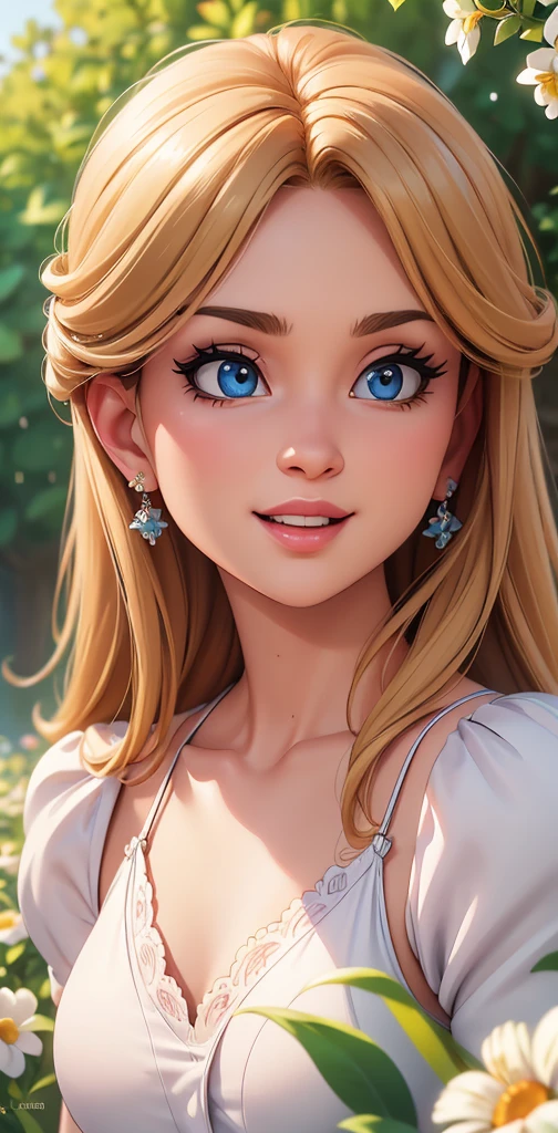 highres,masterpiece,perfect ligthing,bloom,cinematic lighting,adult,perfect skin,female,from side,cowboy shot,smile,narrow waist,skinny,<lora:PrincessPeachMovie:0.6>,(PrincessPeach),(Princess Peach),(Pink Dress:1.2),choker,detailled eyes,blue eyes,choker,sensual,mushrooms,mushroom kingdom,pink lips,((glossy lips)),pursed lips,pink pumps,glossy skin,oily skin,beautiful light,(day:1.3),bright,